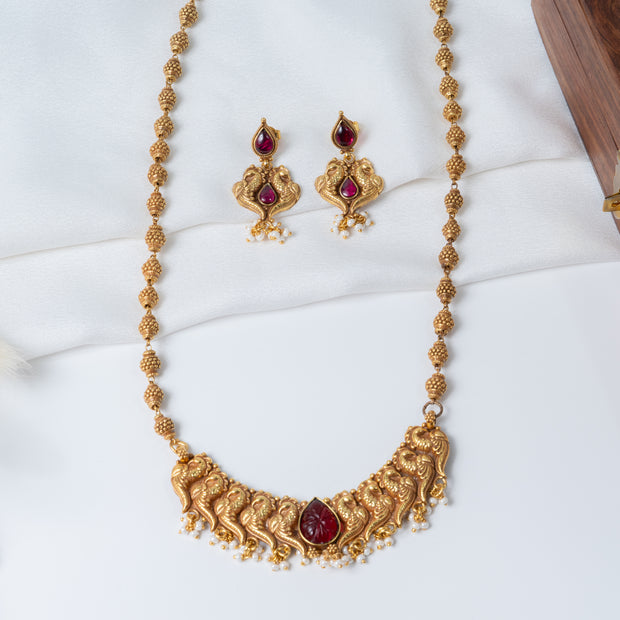 Traditional Peacock Temple Long Necklace Set with Ruby Stone & Earrings