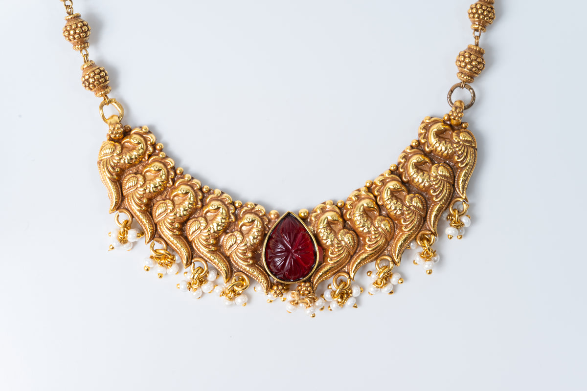 Traditional Peacock Temple Long Necklace Set with Ruby Stone & Earrings
