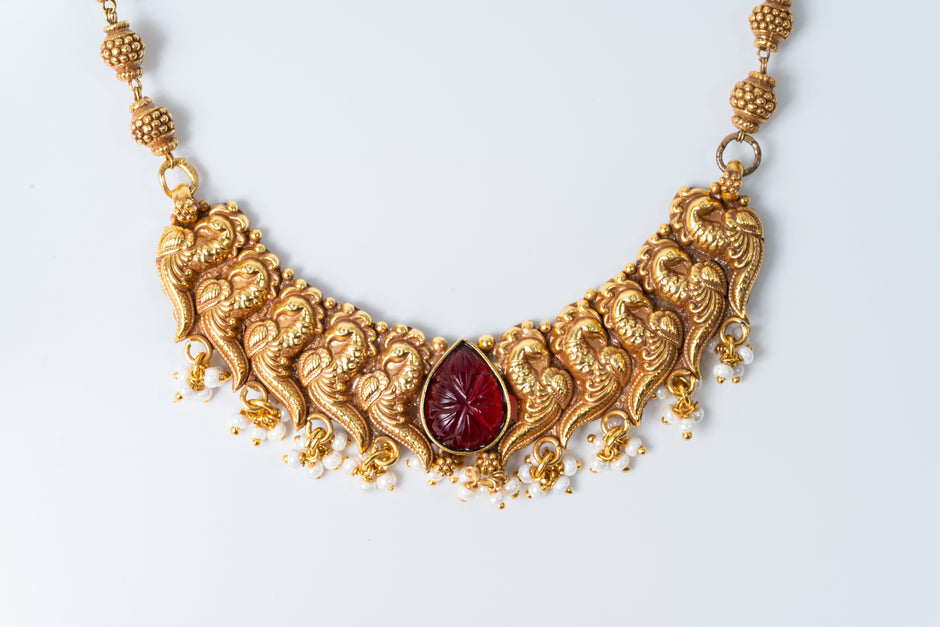 Traditional Peacock Temple Long Necklace Set with Ruby Stone & Earrings