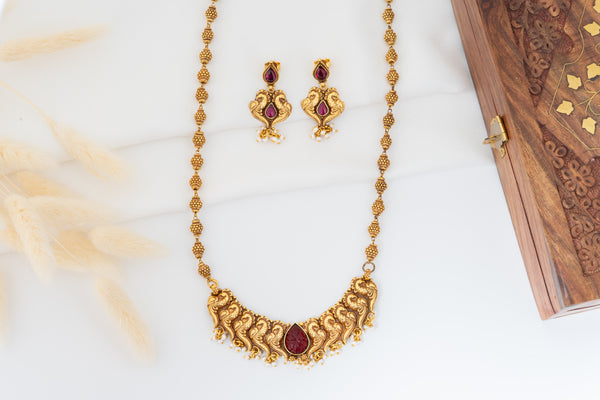 Traditional Peacock Temple Long Necklace Set with Ruby Stone & Earrings