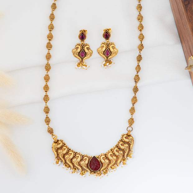 Traditional Peacock Temple Long Necklace Set with Ruby Stone & Earrings