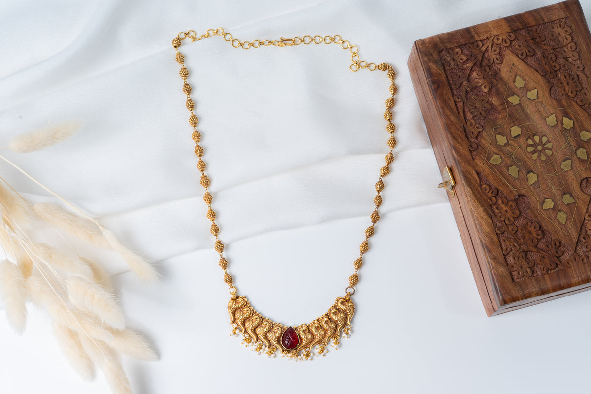 Traditional Peacock Temple Long Necklace Set with Ruby Stone & Earrings