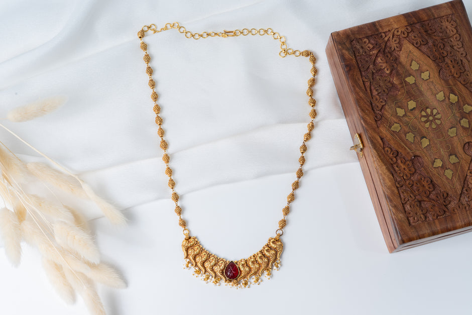 Traditional Peacock Temple Long Necklace Set with Ruby Stone & Earrings