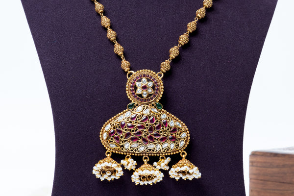 Traditional Kundan Ruby Statement Pendant Necklace with Pearl Jhumka Drops