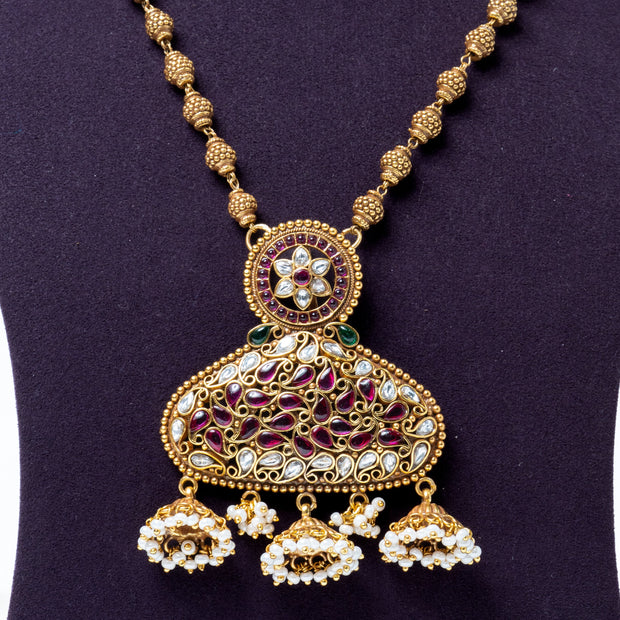 Traditional Kundan Ruby Statement Pendant Necklace with Pearl Jhumka Drops