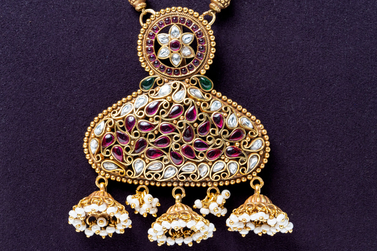 Traditional Kundan Ruby Statement Pendant Necklace with Pearl Jhumka Drops