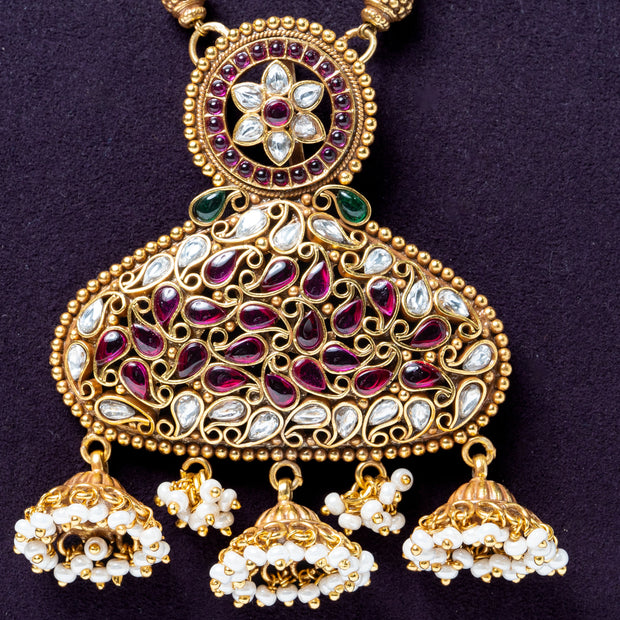 Traditional Kundan Ruby Statement Pendant Necklace with Pearl Jhumka Drops