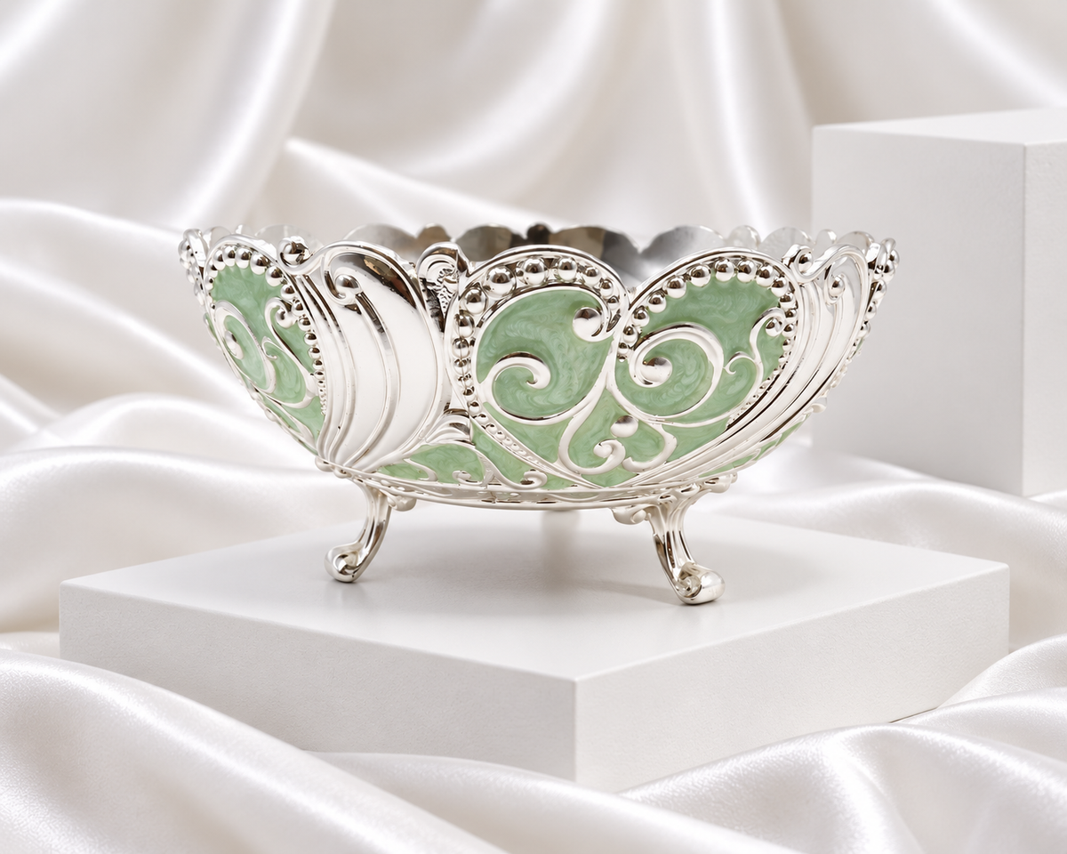 Silver Plated Paisley Decorative Bowl with Sage Green Detailing