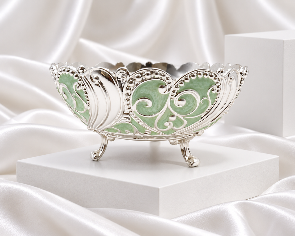Silver Plated Paisley Decorative Bowl with Sage Green Detailing