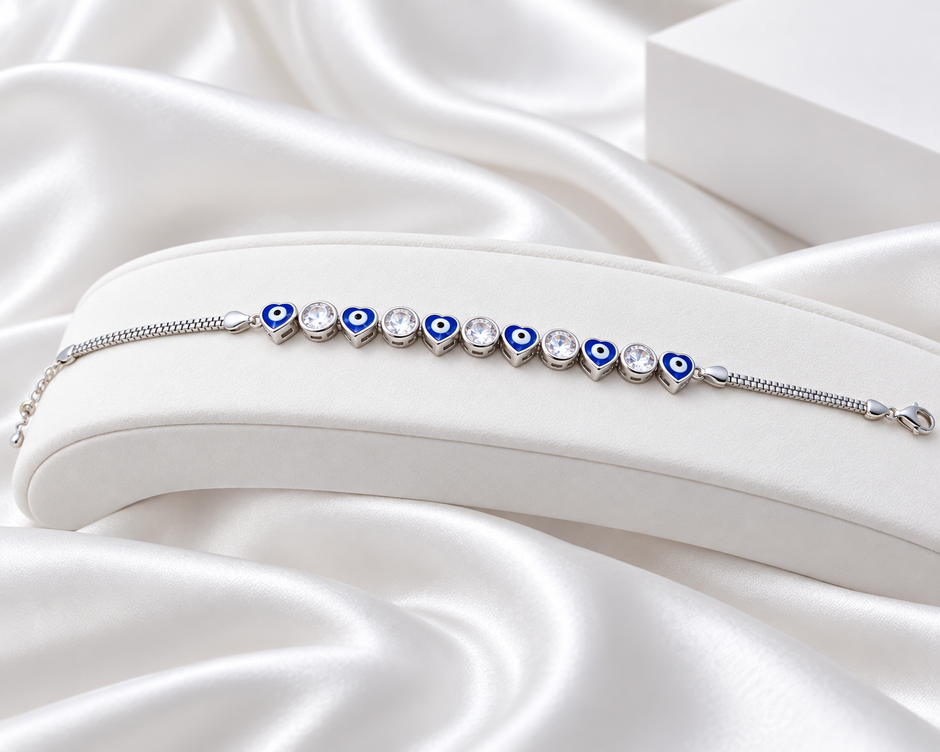 Silver Tone Blue Heart Evil Eye Bracelet with Clear Stones