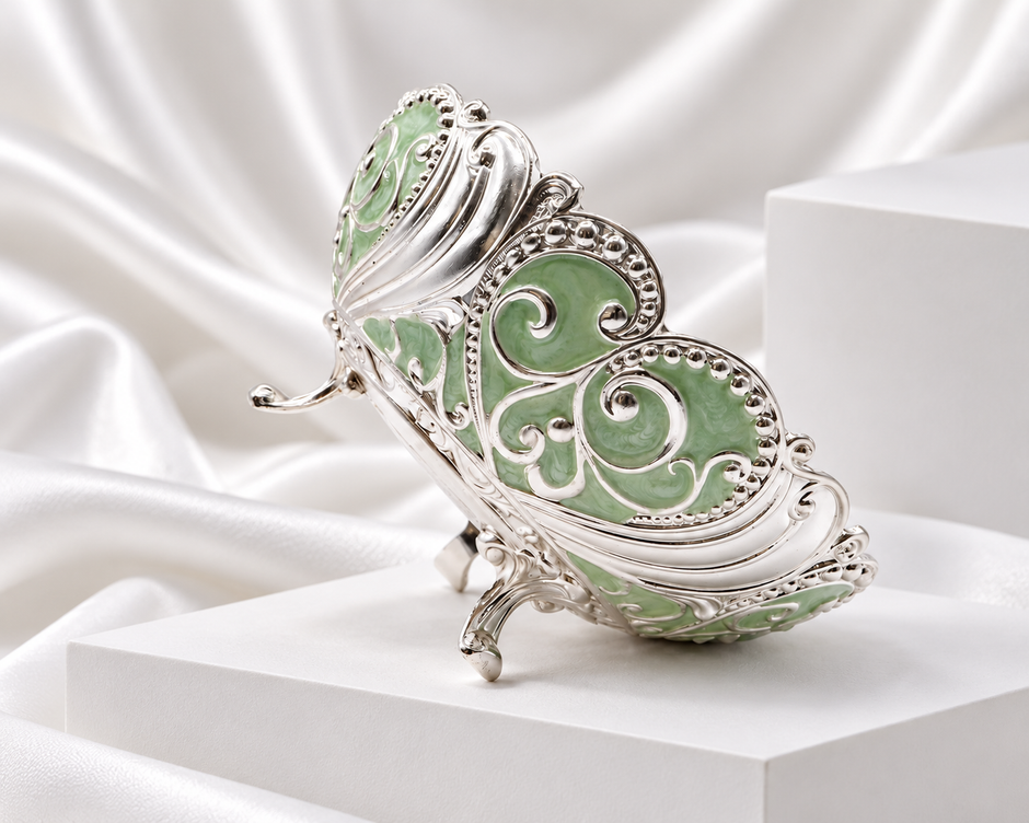 Silver Plated Paisley Decorative Bowl with Sage Green Detailing