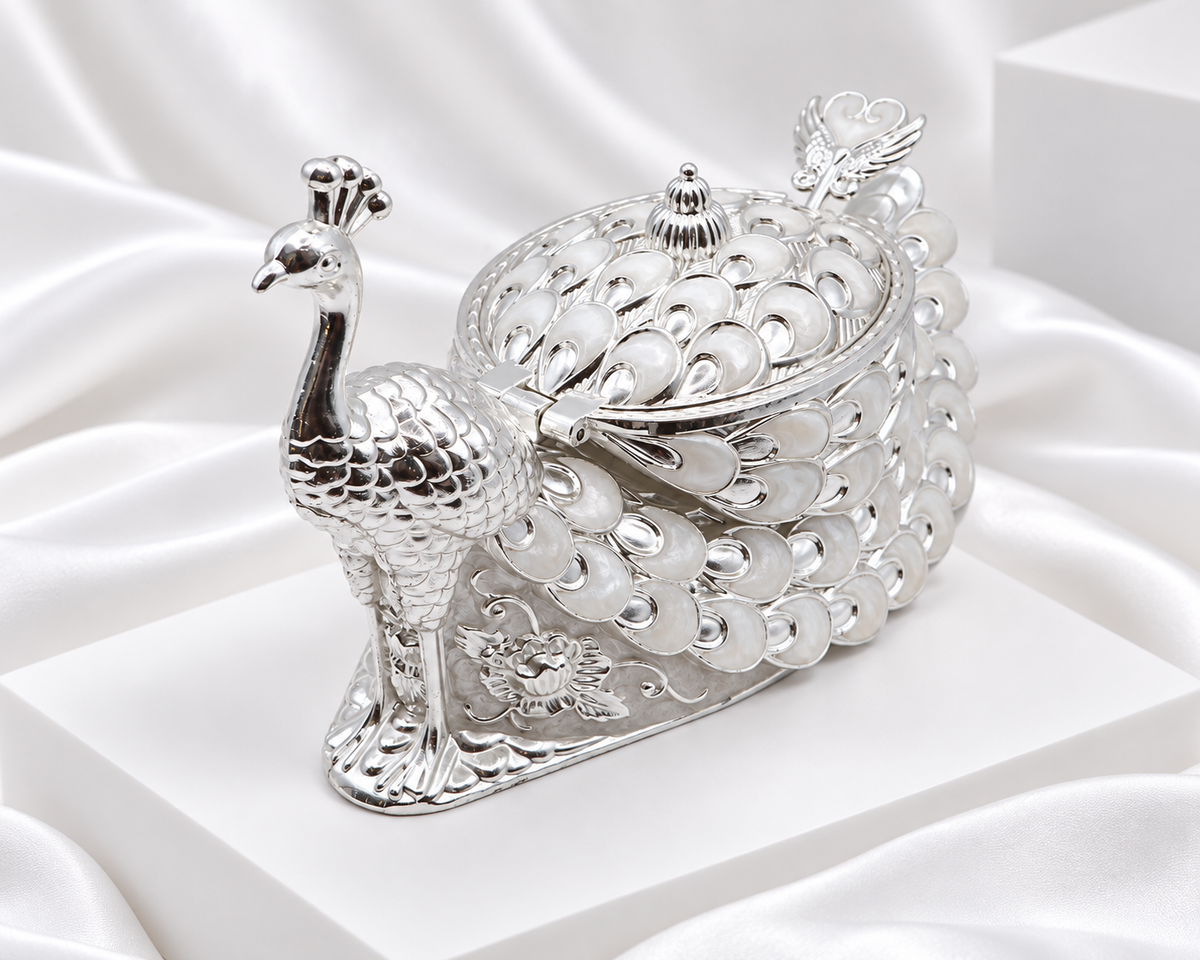 Silver Plated Peacock Serving Bowl with Lid & Spoon