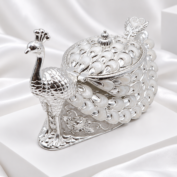 Silver Plated Peacock Serving Bowl with Lid & Spoon