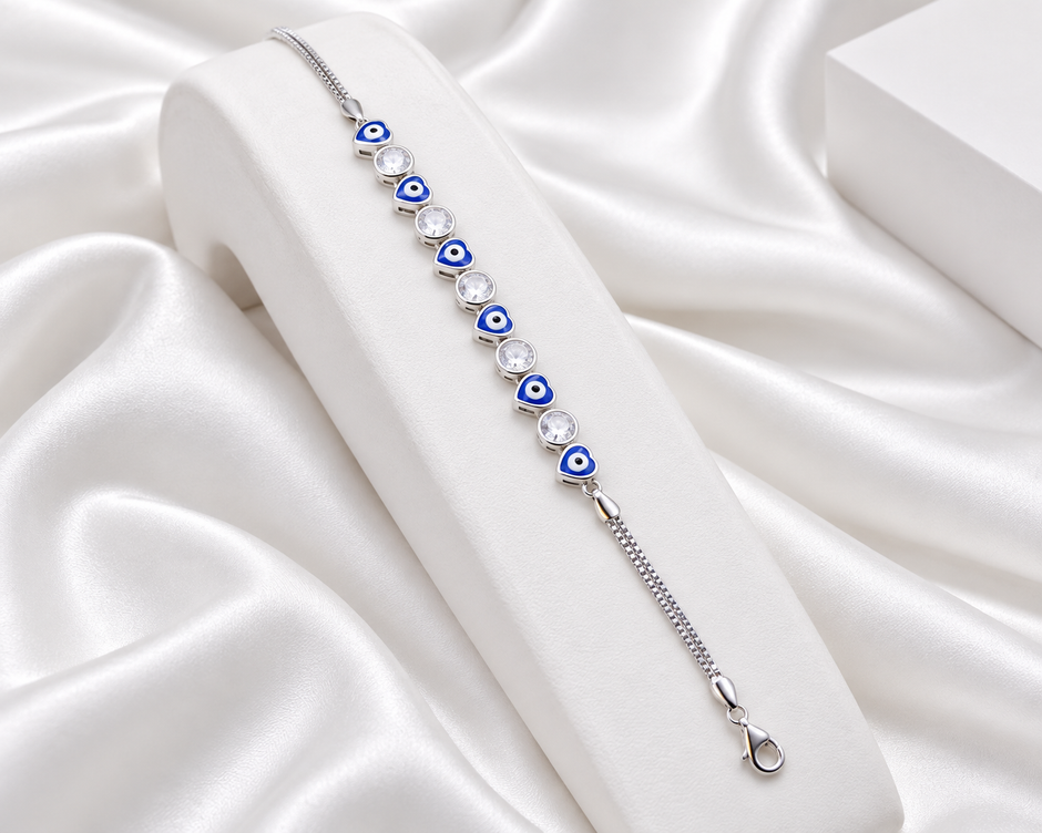 Silver Tone Blue Heart Evil Eye Bracelet with Clear Stones