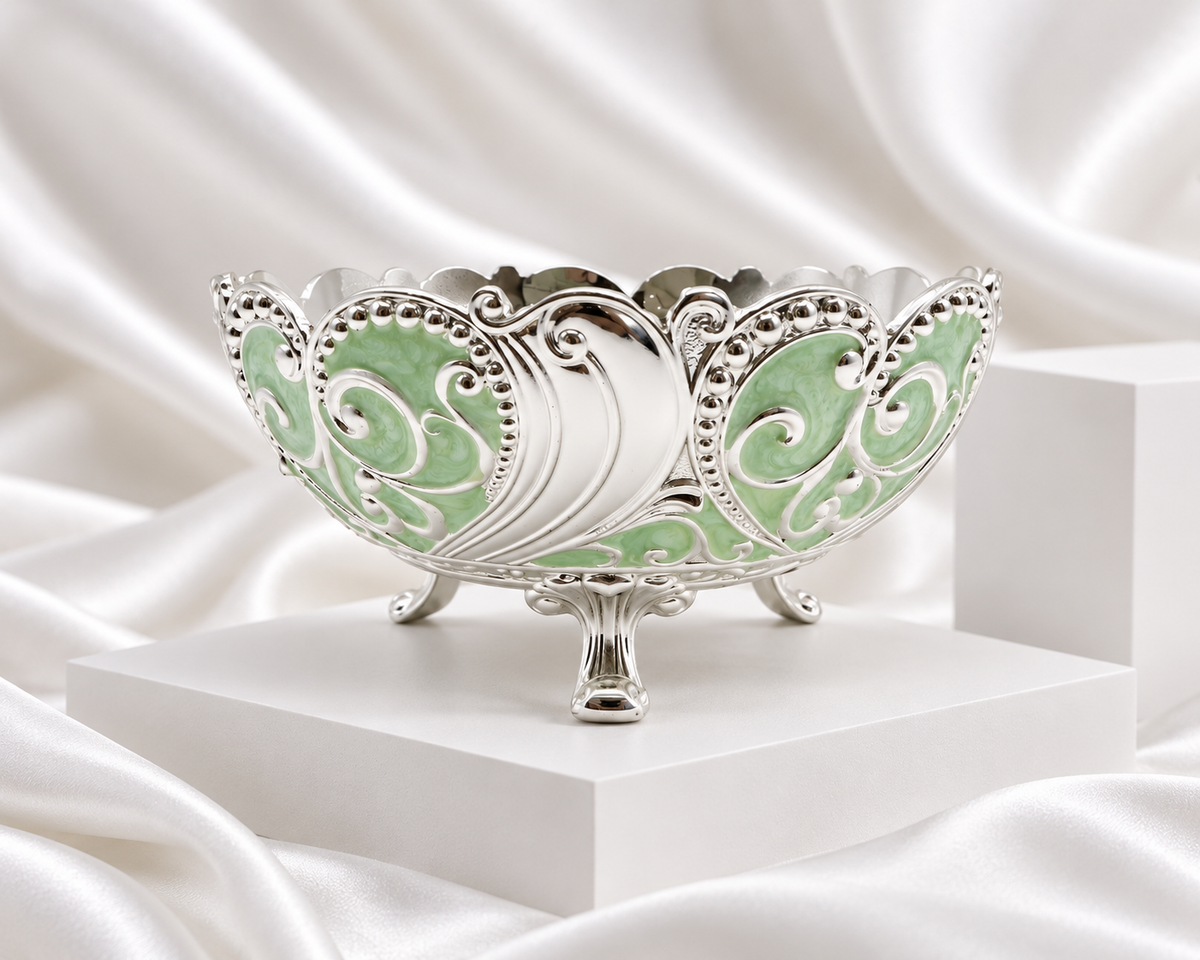 Silver Plated Paisley Decorative Bowl with Sage Green Detailing