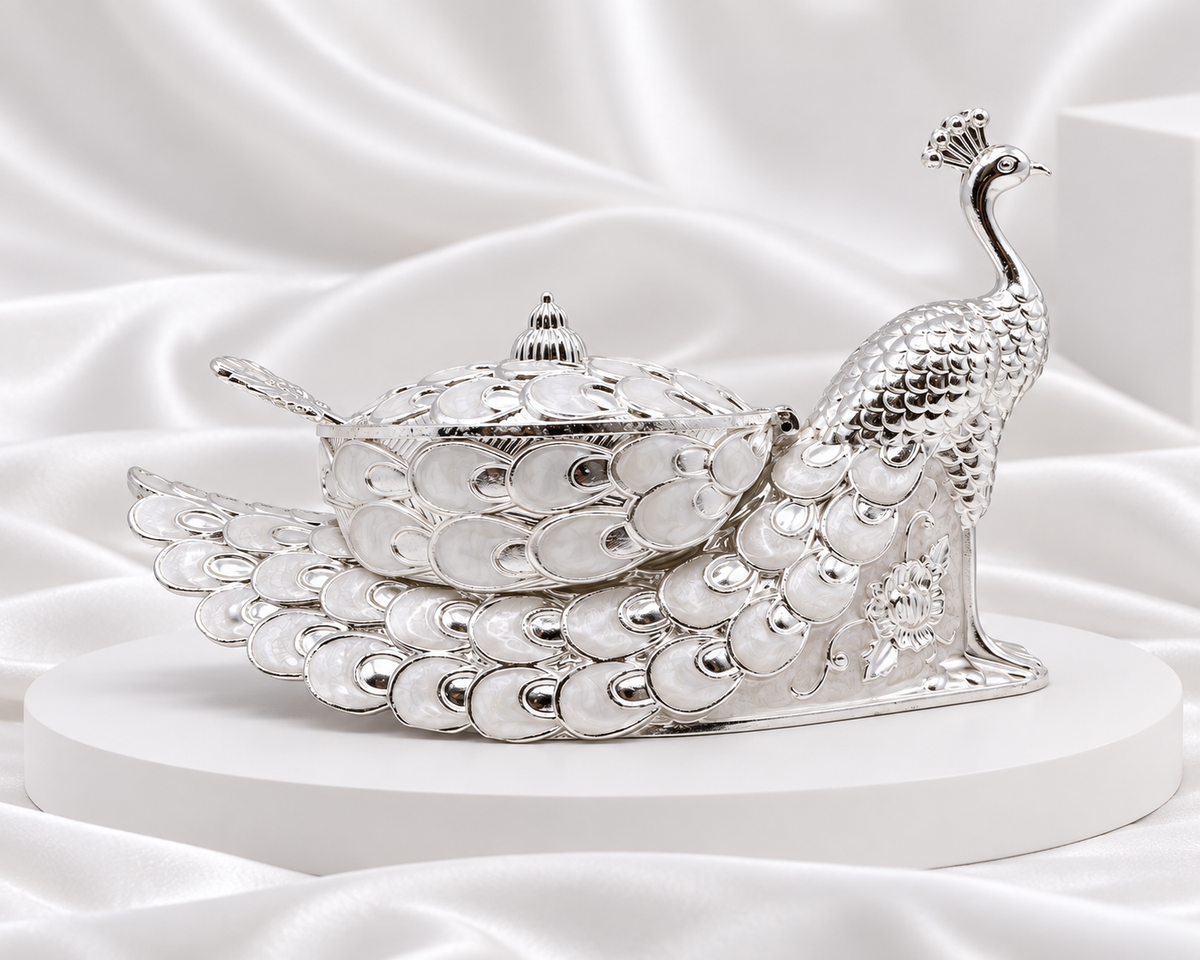 Silver Plated Peacock Serving Bowl with Lid & Spoon