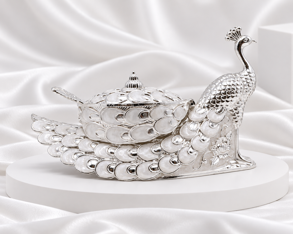 Silver Plated Peacock Serving Bowl with Lid & Spoon