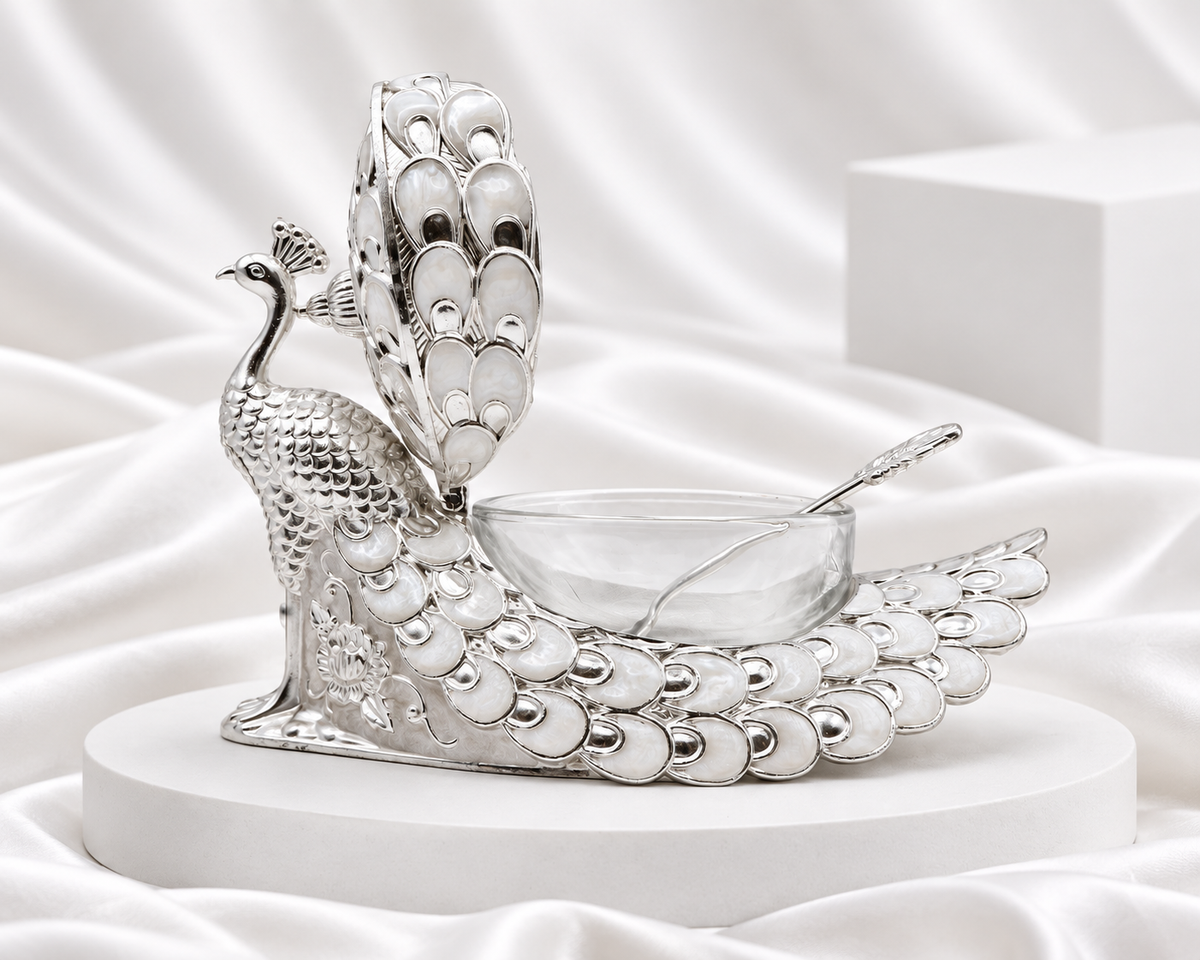 Silver Plated Peacock Serving Bowl with Lid & Spoon