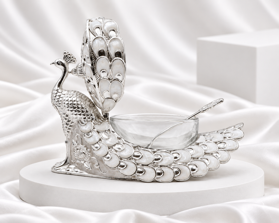 Silver Plated Peacock Serving Bowl with Lid & Spoon