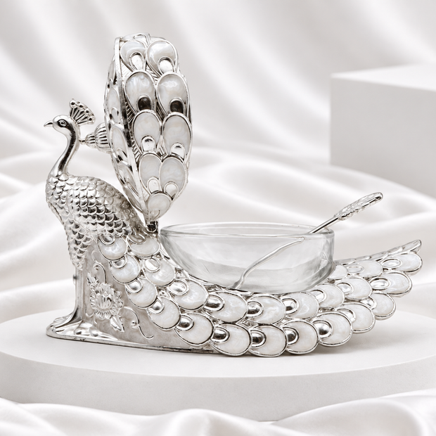 Silver Plated Peacock Serving Bowl with Lid & Spoon