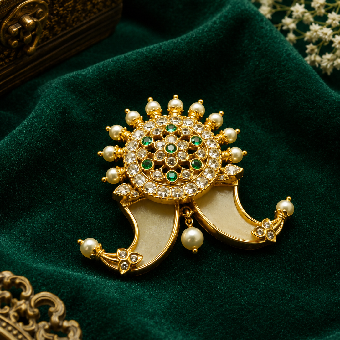Royal Emerald Kundan 925 Sterling Silver Gold Polished Tiger Nail Pendant