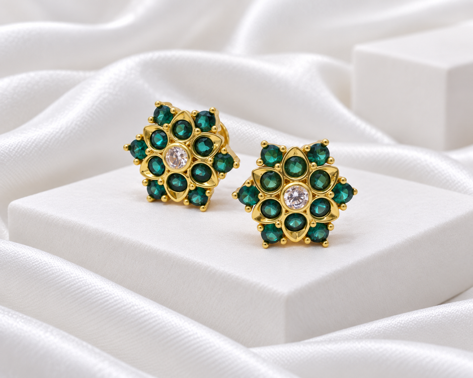 Gold Tone Teal Green Floral Stud Earrings with Clear Centre Stone