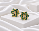 Gold Tone Teal Green Floral Stud Earrings with Clear Centre Stone