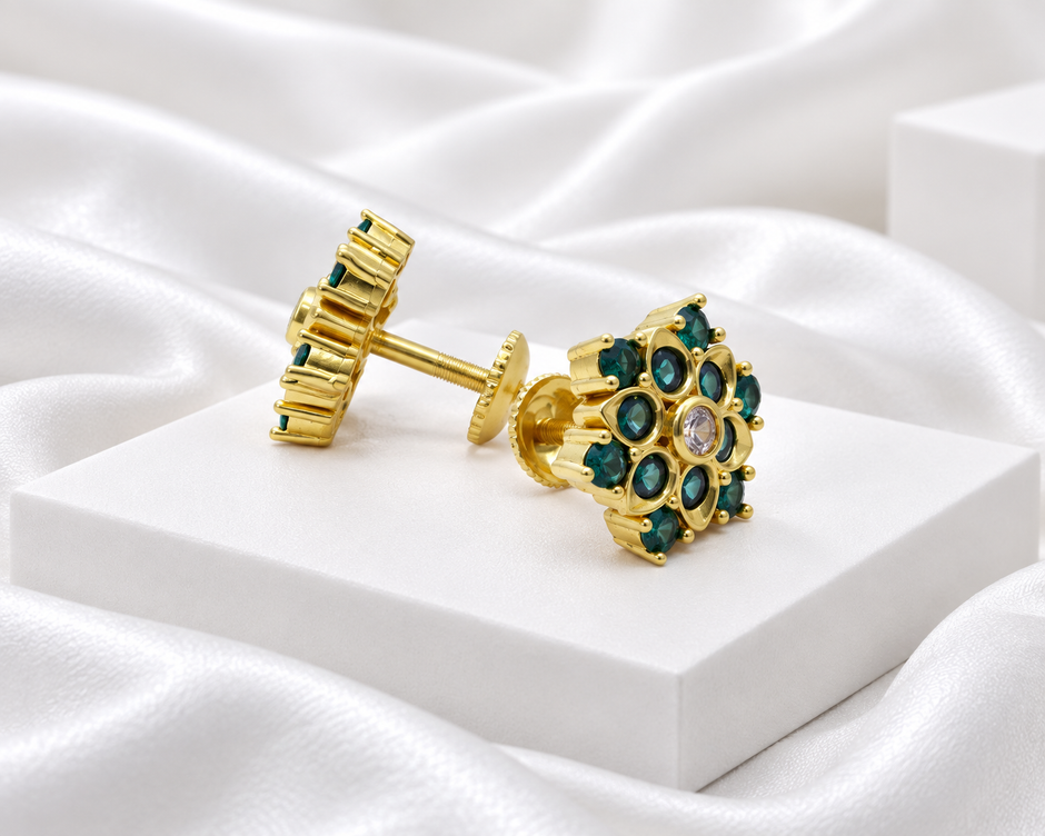 Gold Tone Teal Green Floral Stud Earrings with Clear Centre Stone