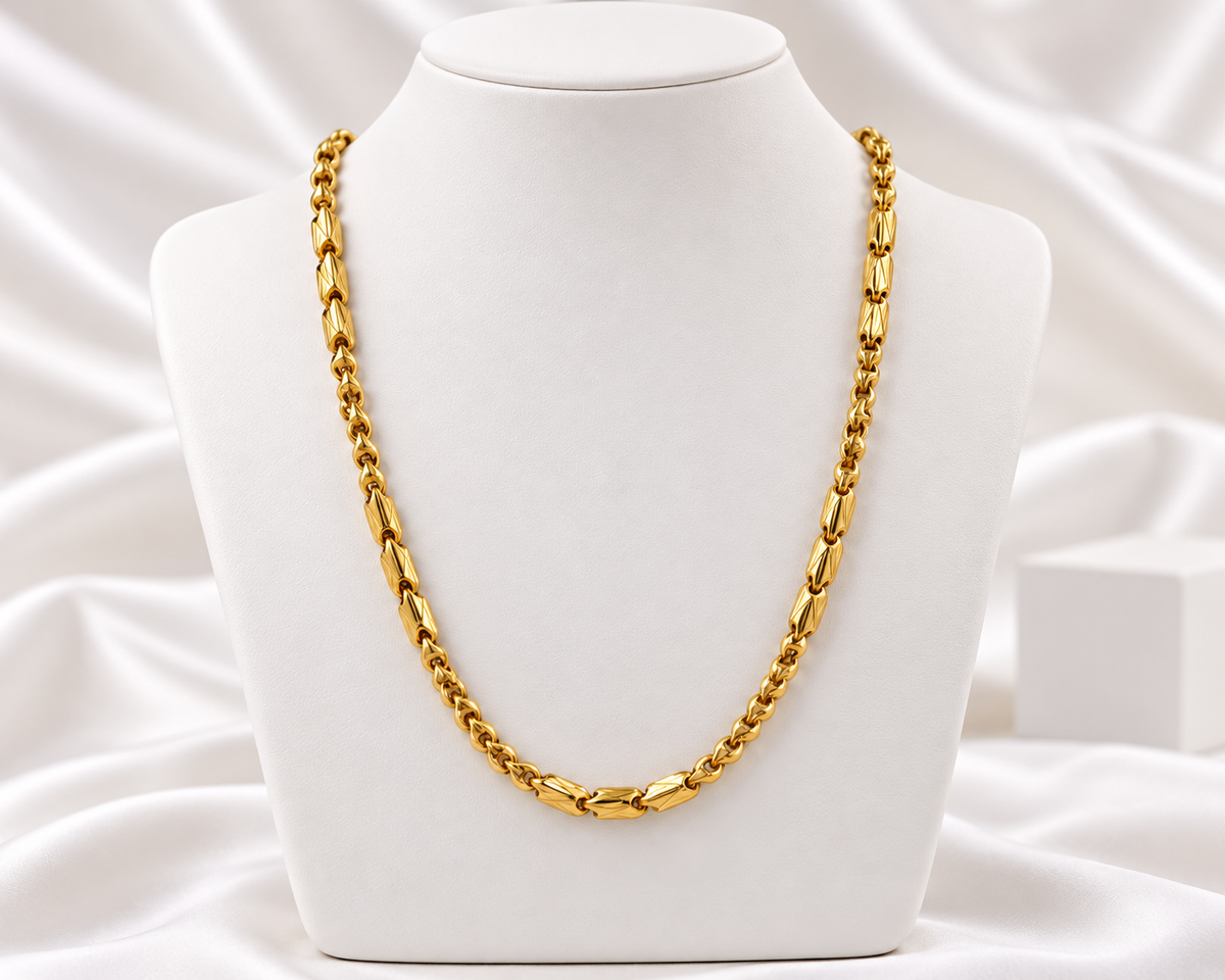 Gold Tone Textured Barrel Link Chain Necklace