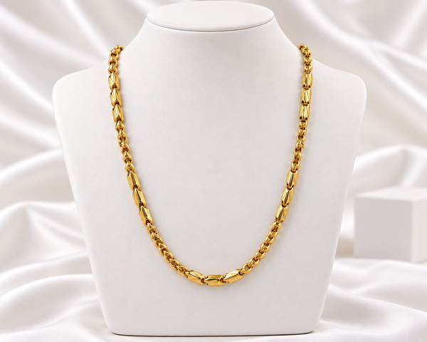 Gold Tone Textured Barrel Link Chain Necklace