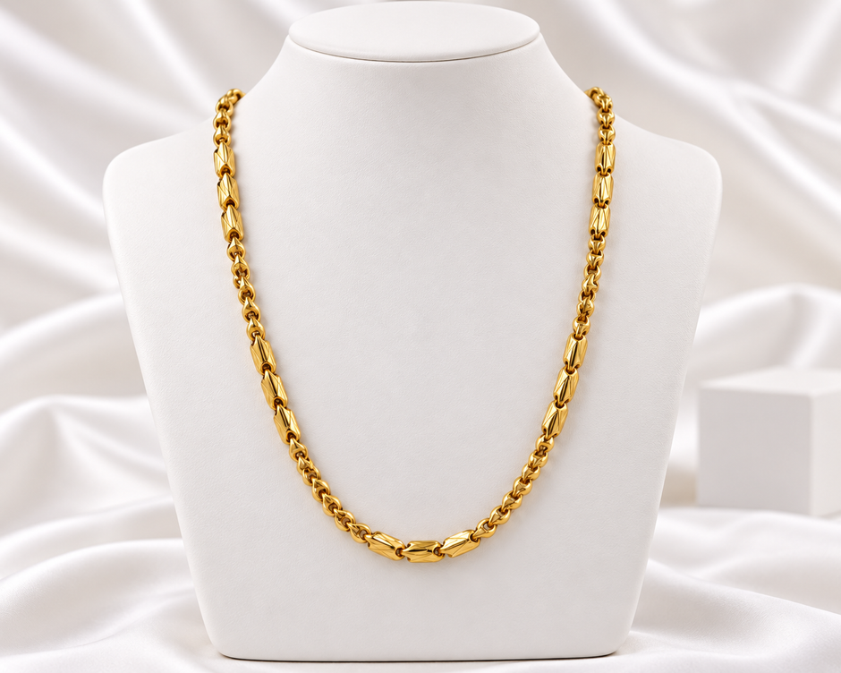 Gold Tone Textured Barrel Link Chain Necklace