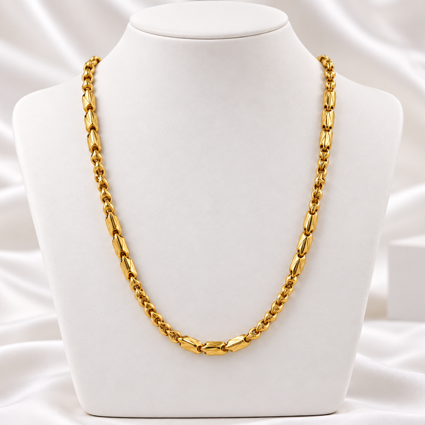 Gold Tone Textured Barrel Link Chain Necklace