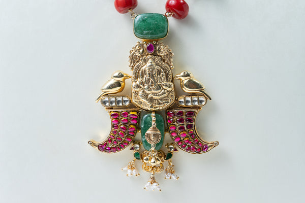Traditional Ganesha Temple Necklace with Pearl, Green & Ruby Stones