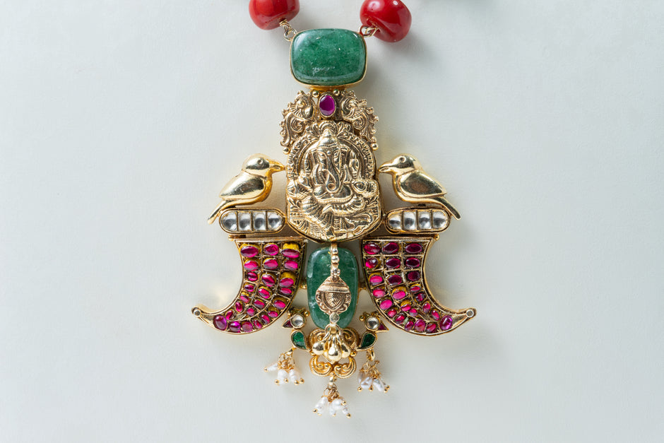 Traditional Ganesha Temple Necklace with Pearl, Green & Ruby Stones