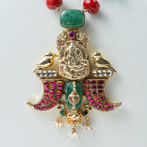 Traditional Ganesha Temple Necklace with Pearl, Green & Ruby Stones