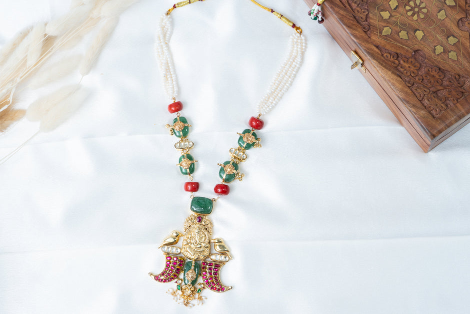 Traditional Ganesha Temple Necklace with Pearl, Green & Ruby Stones