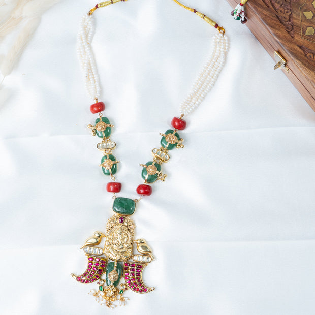 Traditional Ganesha Temple Necklace with Pearl, Green & Ruby Stones