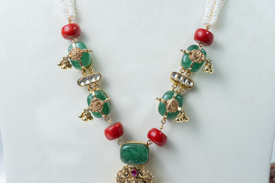 Traditional Ganesha Temple Necklace with Pearl, Green & Ruby Stones