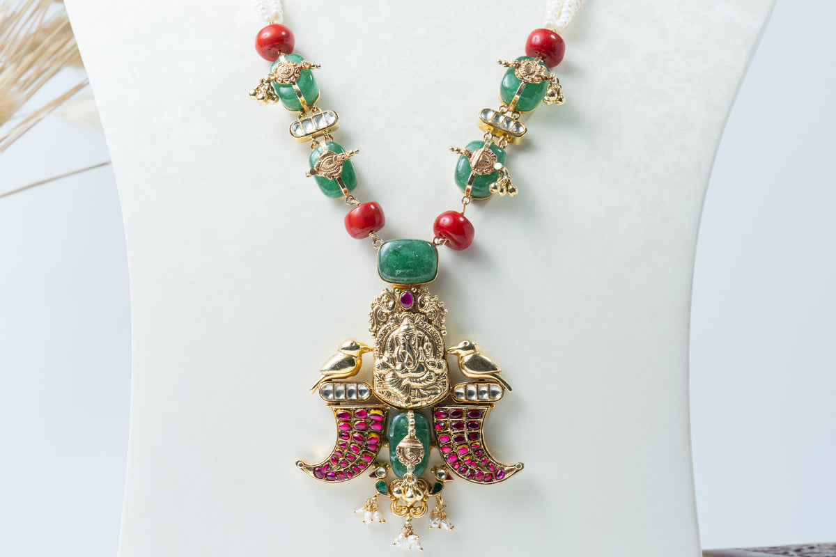 Traditional Ganesha Temple Necklace with Pearl, Green & Ruby Stones