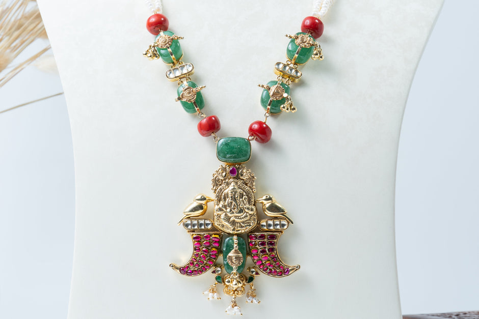 Traditional Ganesha Temple Necklace with Pearl, Green & Ruby Stones