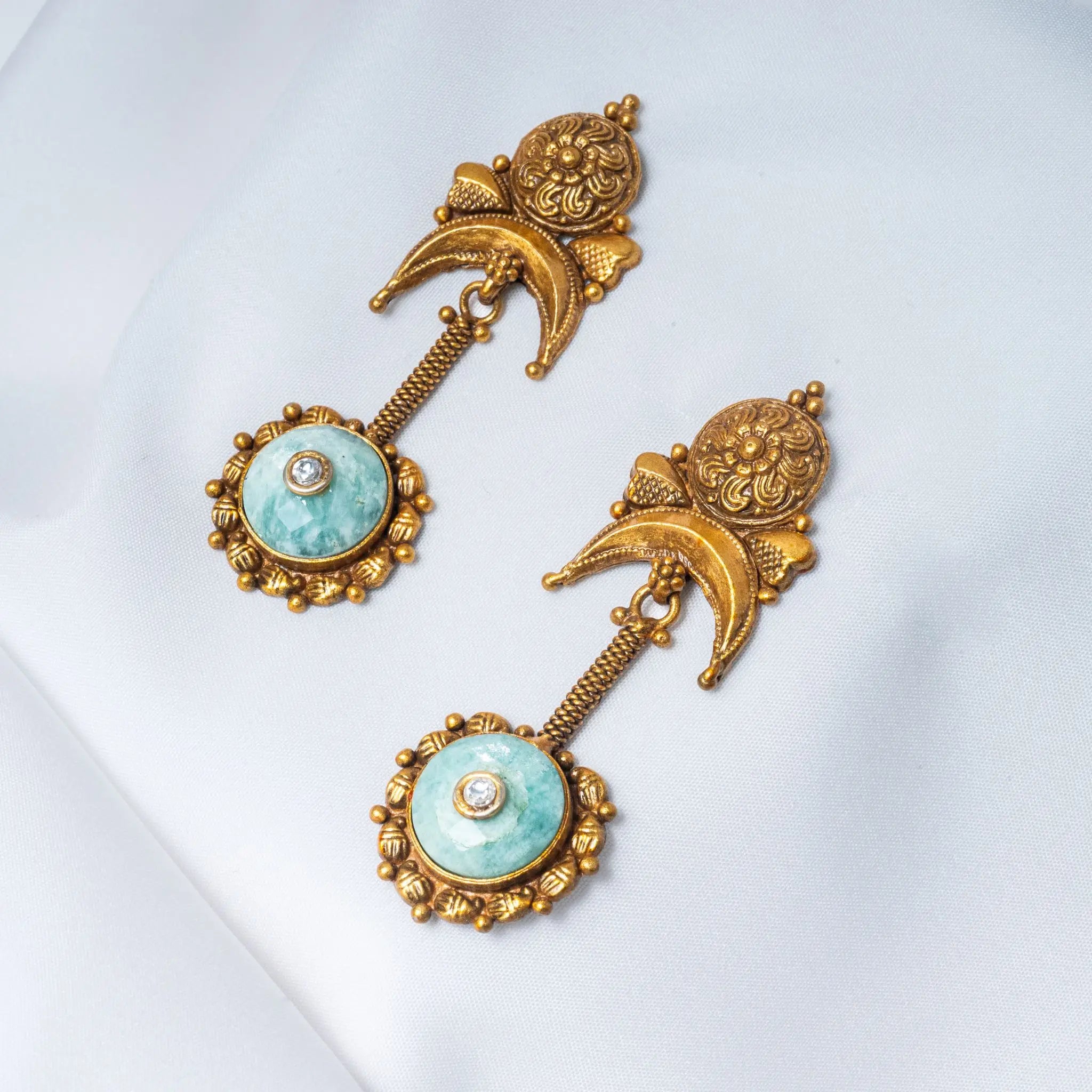 925 Premium Silver Turquoise Chandbali Earrings with Gold Finish