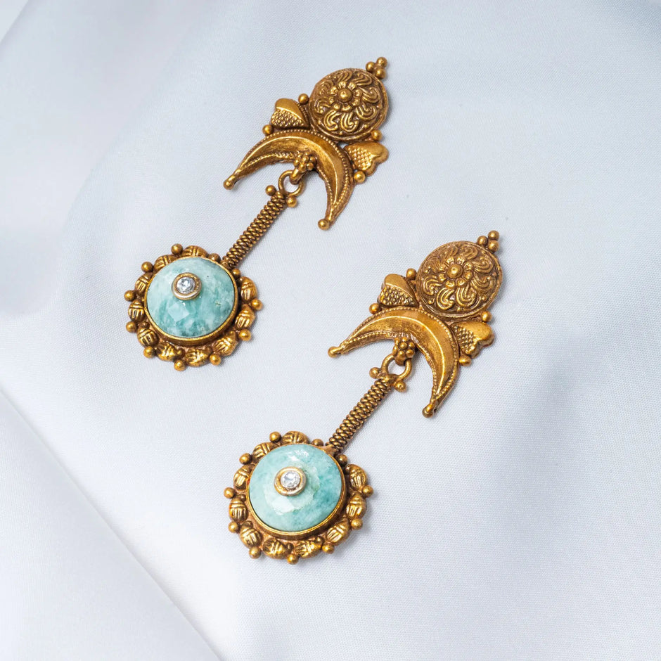 925 Premium Silver Turquoise Chandbali Earrings with Gold Finish