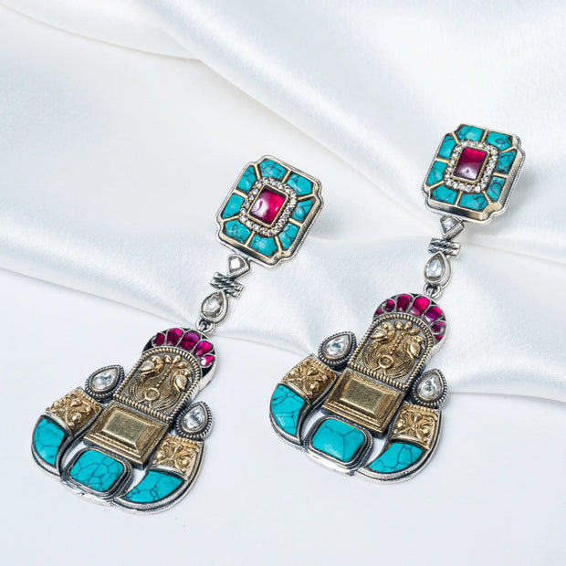 925 Premium Silver Turquoise Dual Tone Hanging Earrings
