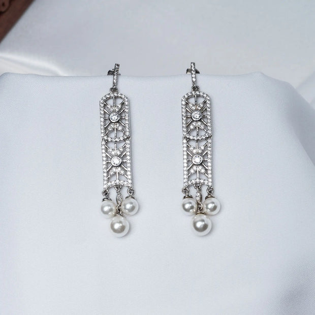 Window Pearl CZ Hanging Earrings in 925 Premium Silver Jewelry for Women