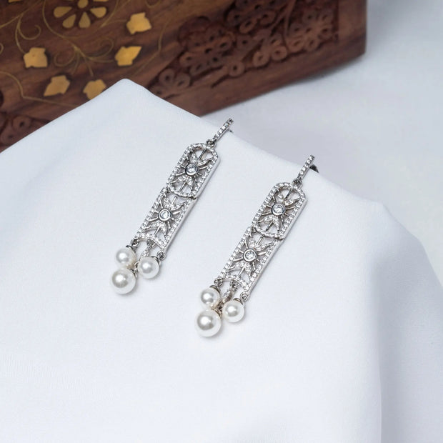 Window Pearl CZ Hanging Earrings in 925 Premium Silver Jewelry for Women