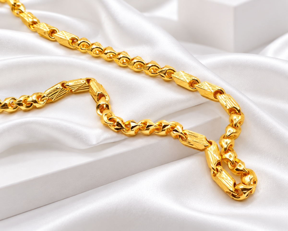 Gold Tone Textured Barrel Link Chain Necklace