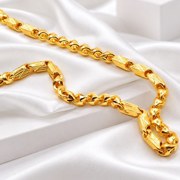 Gold Tone Textured Barrel Link Chain Necklace