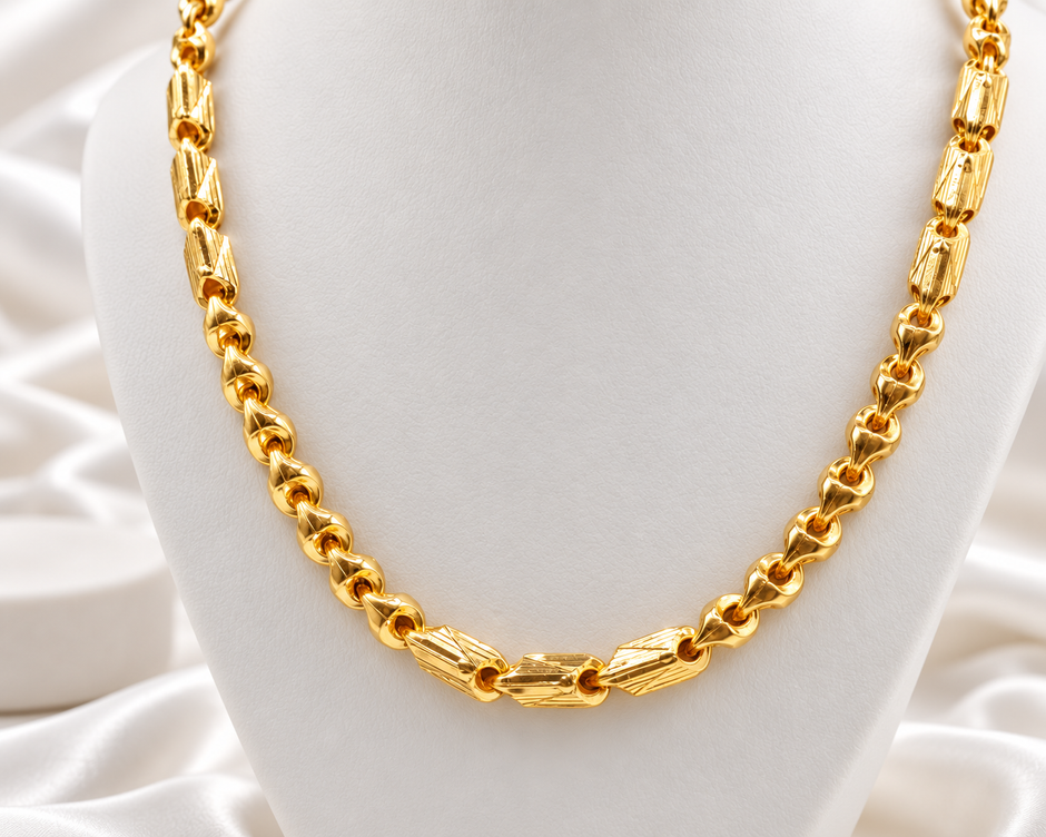 Gold Tone Textured Barrel Link Chain Necklace