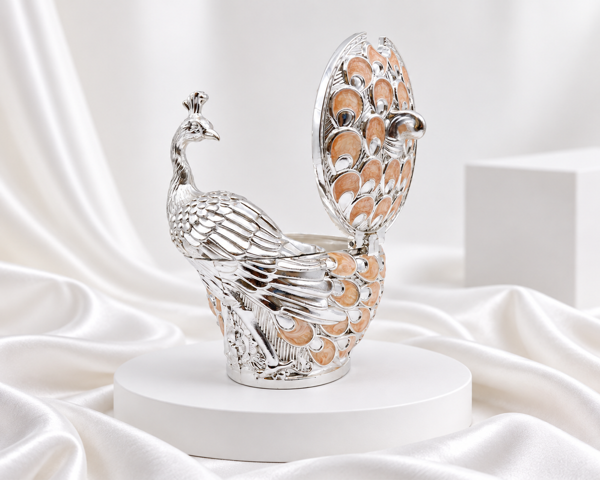 Silver Finish Peacock Bowl with Lid & Peach Feather Detailing